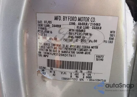 2005 Ford Escape Xlt из США, поврежденный, VIN 1FMYU93125KD17611